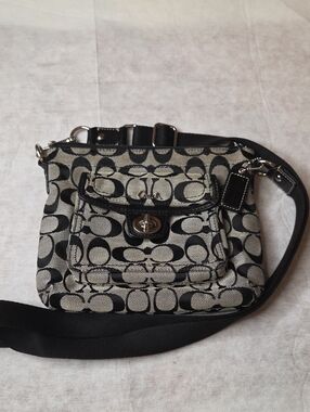 Coach Black and Tan Signature Canvas Crossbody with Turn-Lock Pocket-Purple Int